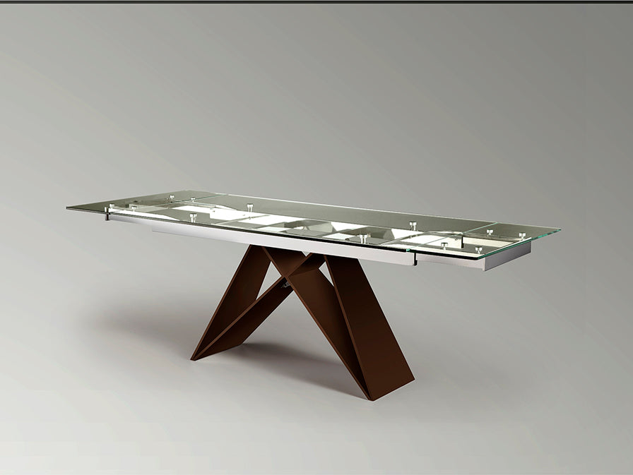 Mesa de Comedor Extensible Mika de Schuller (Mika) con base marrón óxido y tapa de cristal - Ref 713023.

