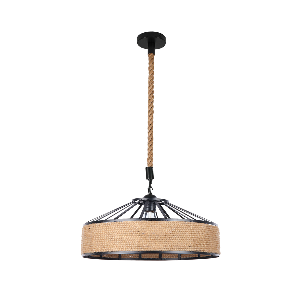 Colgante pequeño de la serie CAÑA en color negro con cuerda de cáñamo, ideal para estilo rústico o farmhouse. luzguru.com