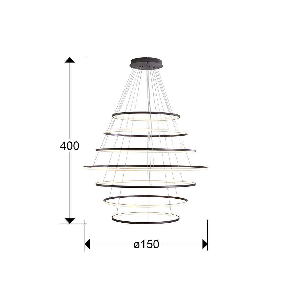 Plano con medidas de Lámpara Colgante LED Odessa 7 Aros 150 cm Bronce Schuller