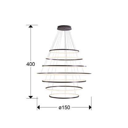 Plano con medidas de Lámpara Colgante LED Odessa 7 Aros 150 cm Bronce Schuller