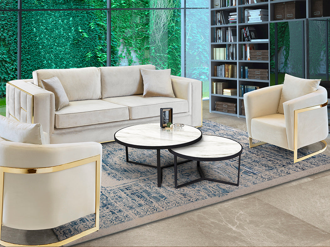 Set de 2 Mesas Auxiliares Naira Mármol Blanco y Negro Mate Schuller en ambiente decorado | Schuller