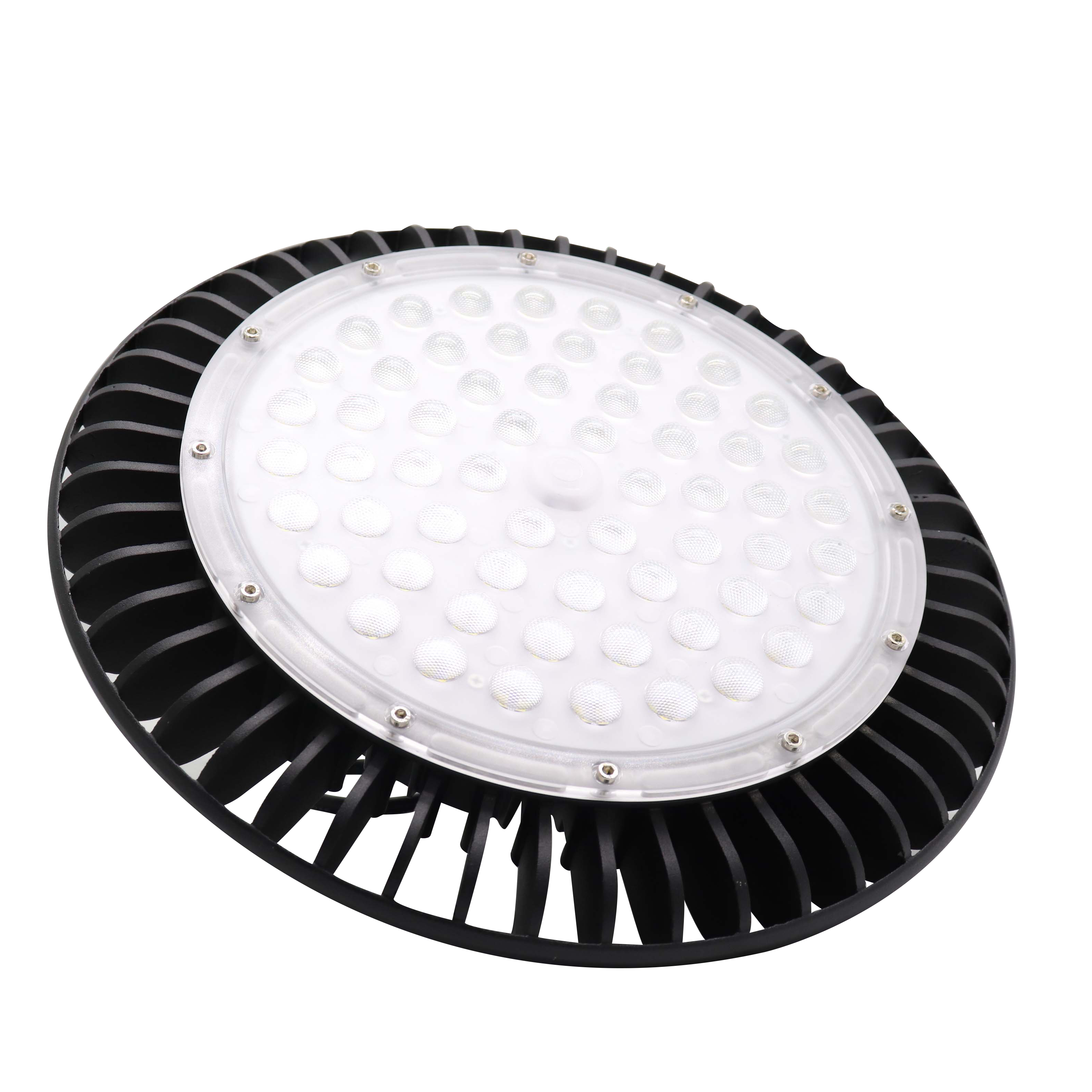 Campana Monzonita 200W negra, vista frontal, iluminación LED de alta potencia, IP65, Fabrilamp.