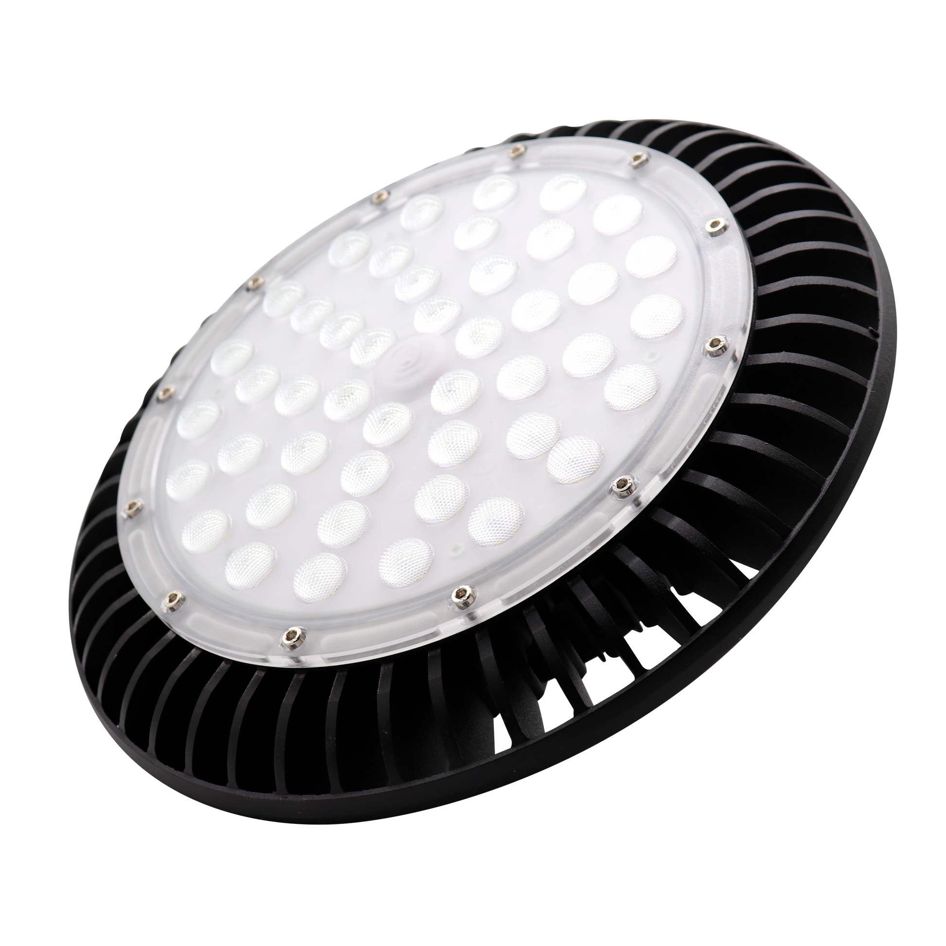 Campana Monzonita 200W negra, vista frontal, iluminación LED de alta potencia, IP65, Fabrilamp.