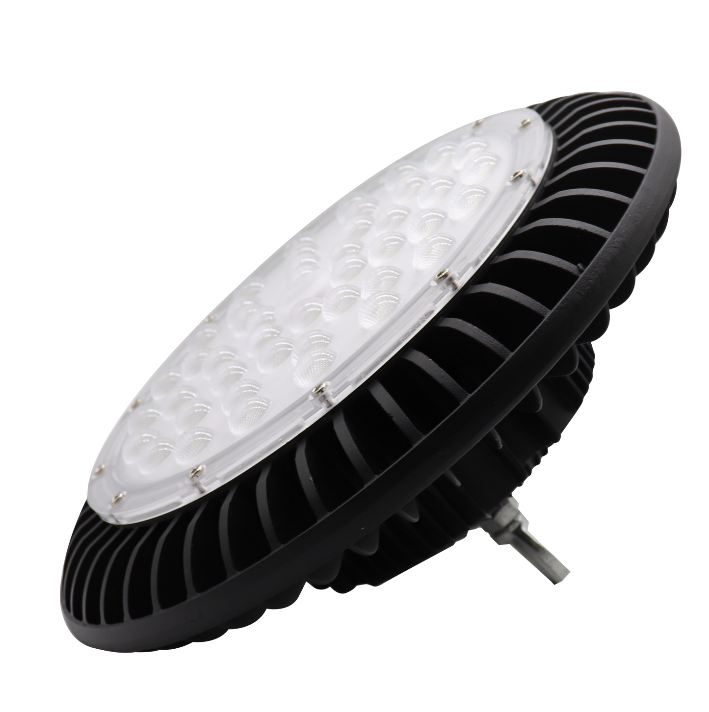 Campana Monzonita 200W negra, vista frontal, iluminación LED de alta potencia, IP65, Fabrilamp.