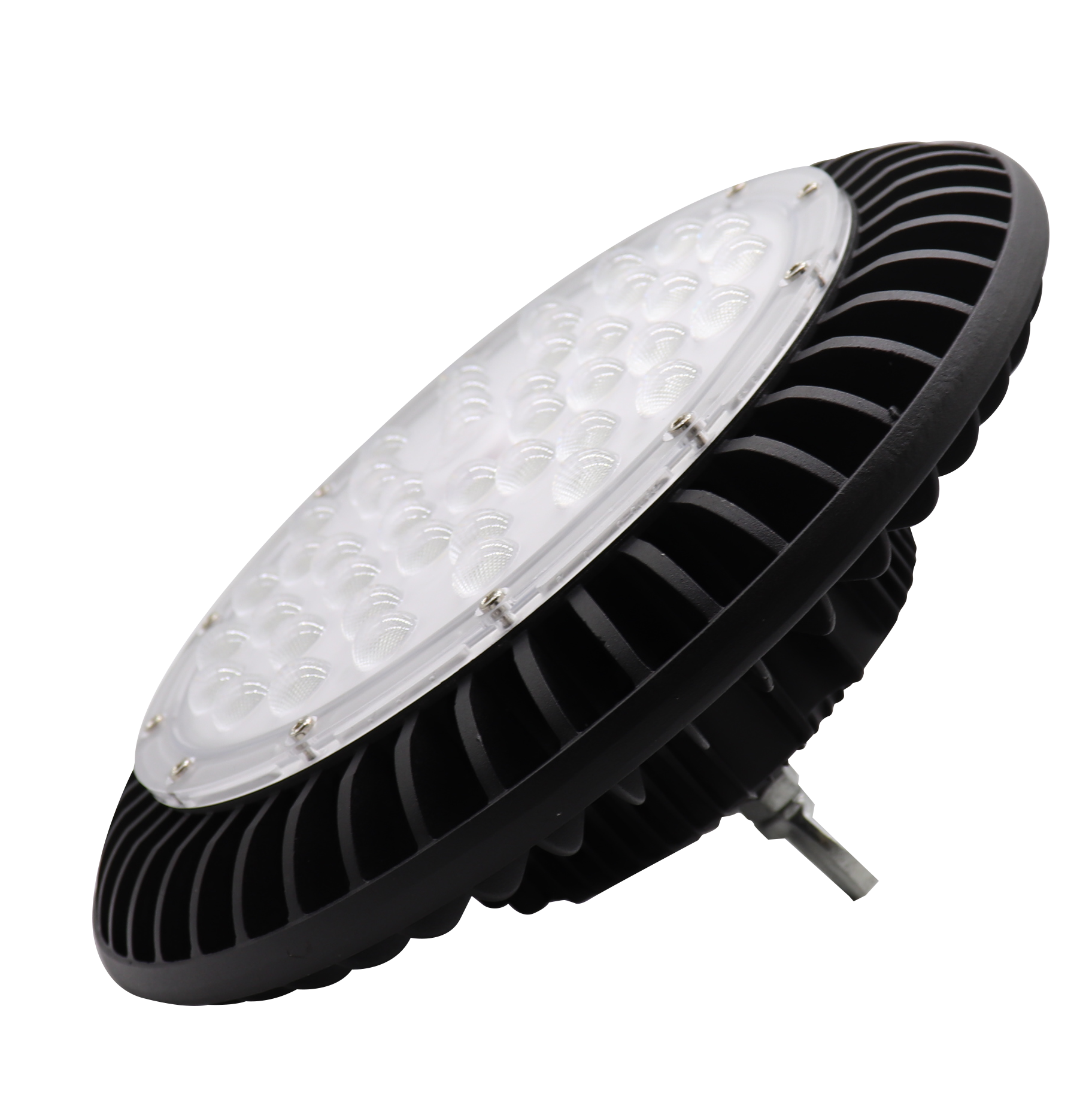 Campana Monzonita 200W negra, vista frontal, iluminación LED de alta potencia, IP65, Fabrilamp.