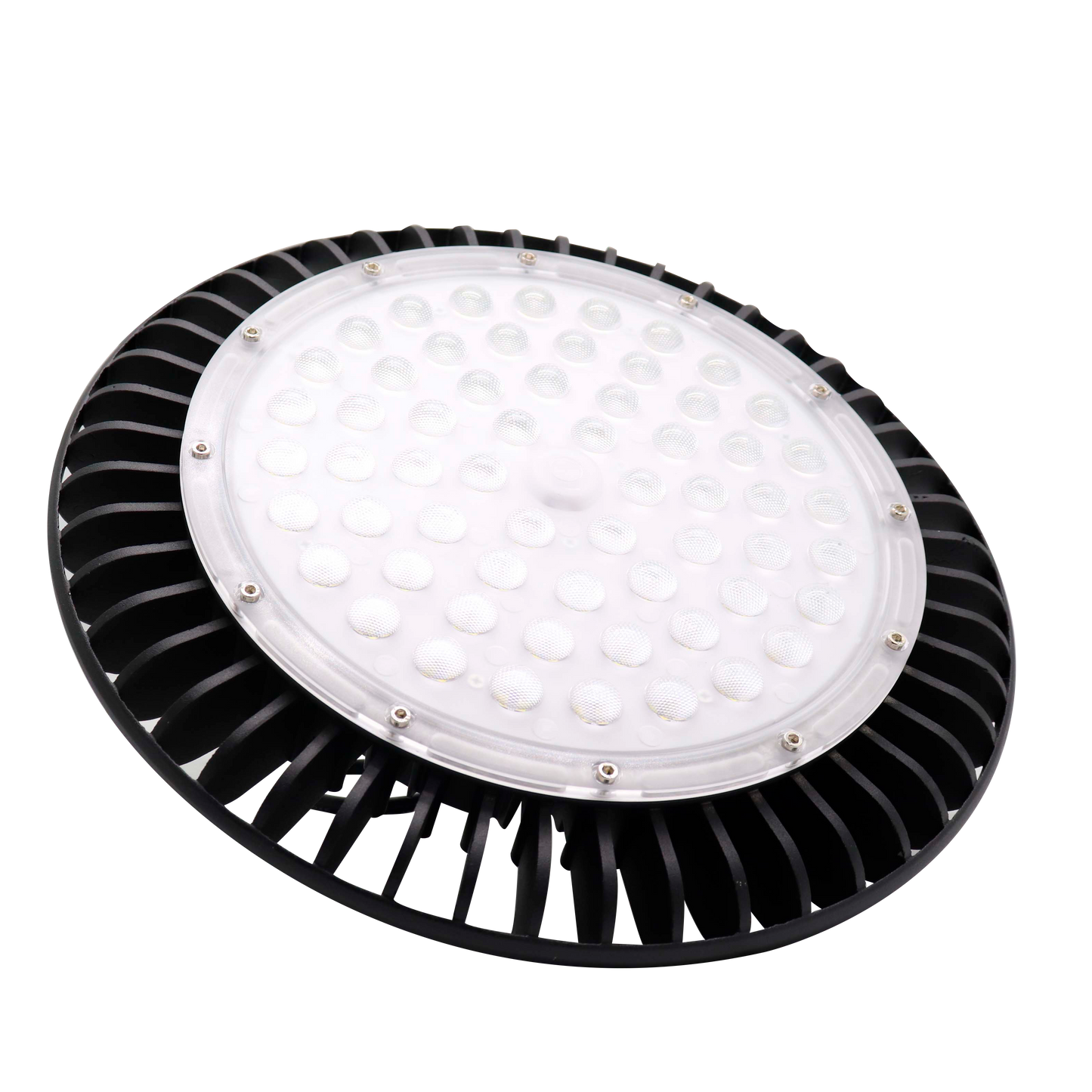 Campana Monzonita 150W negra, vista frontal, iluminación LED potente de Fabrilamp.