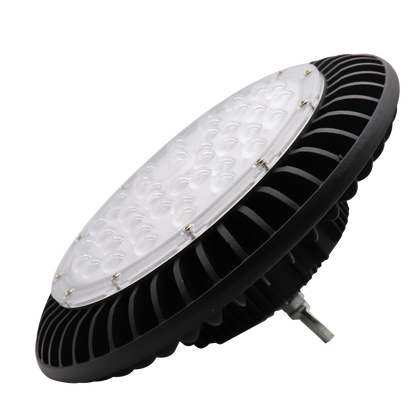 Campana Monzonita 150W negra, vista frontal, iluminación LED potente de Fabrilamp.