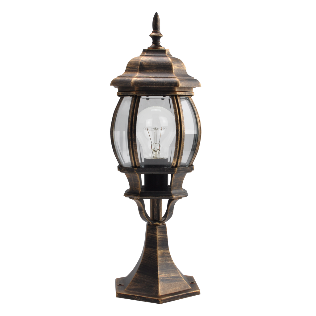 Sobremuro exterior de aluminio Caelum en negro y oro de Fabrilamp, ideal para iluminación exterior.