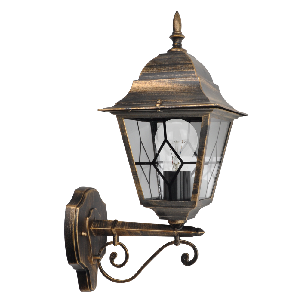 Aplique exterior Bootes de aluminio negro y oro, IP44, Fabrilamp. Iluminación elegante y resistente para exteriores.