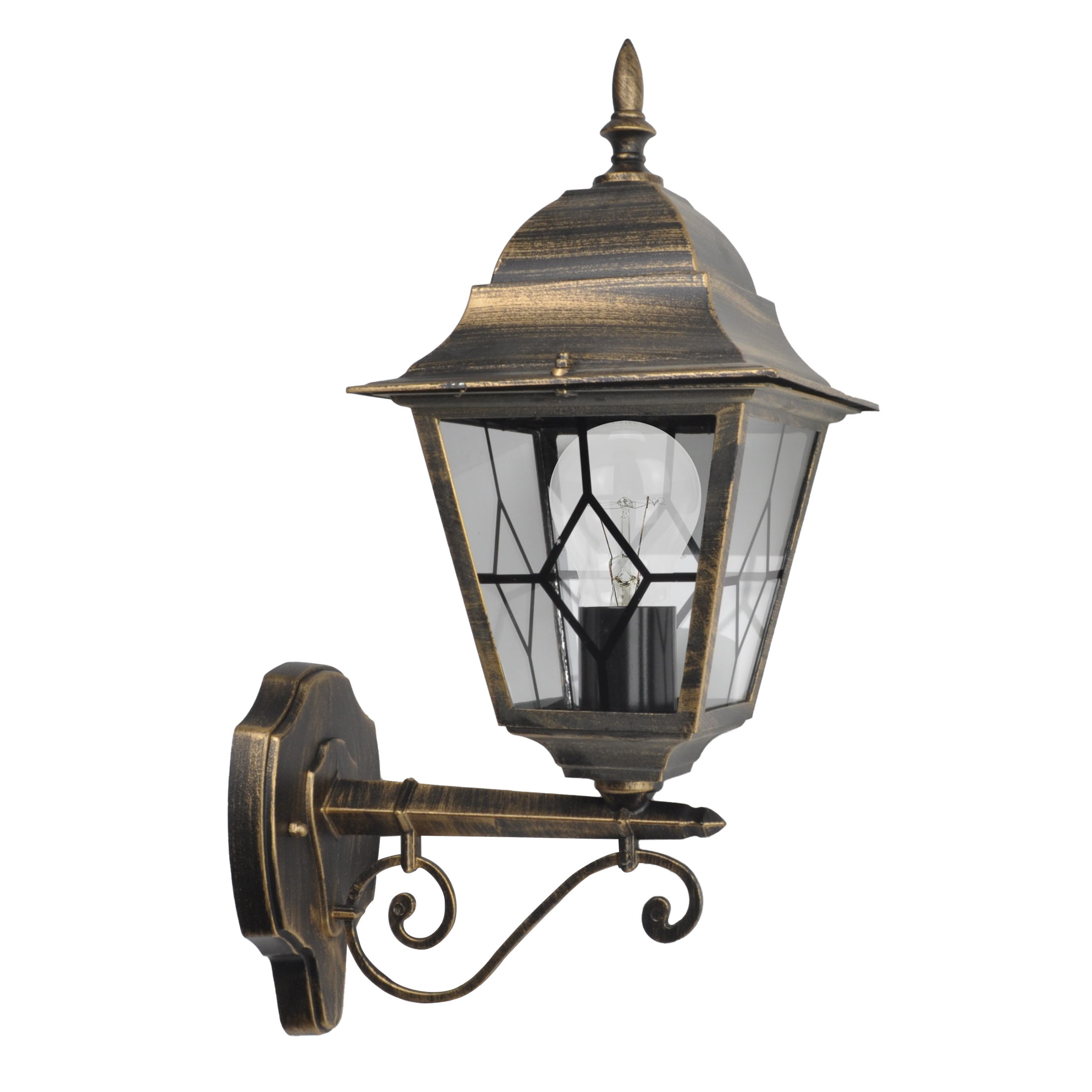 Aplique exterior Bootes de aluminio negro y oro, IP44, Fabrilamp. Iluminación elegante y resistente para exteriores.