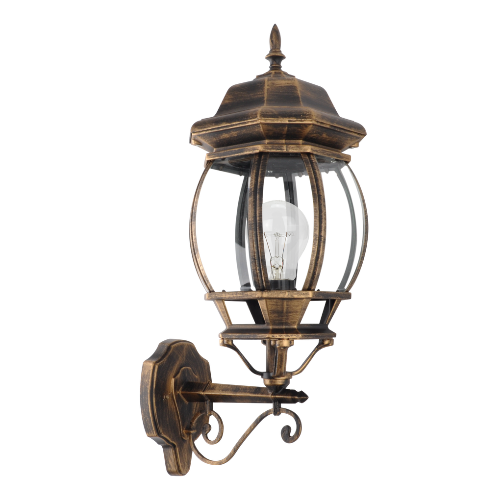 Aplique exterior Caelum de aluminio negro y oro, diseño clásico y resistente al agua IP44 de Fabrilamp.