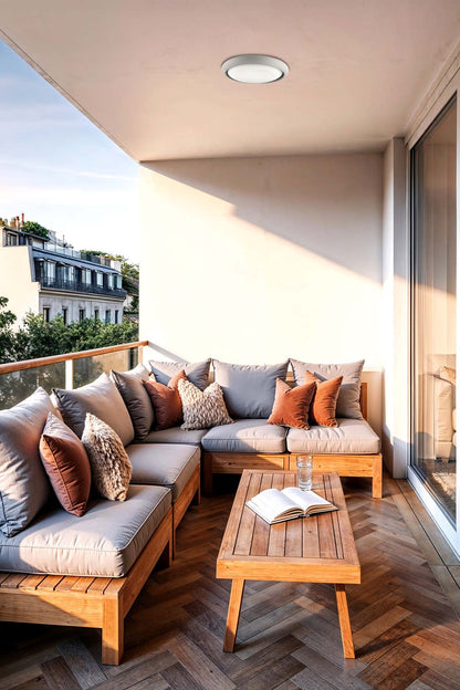 Plafón ANGA fabricado en cemento blanco con difusor de PMMA, ideal para exterior