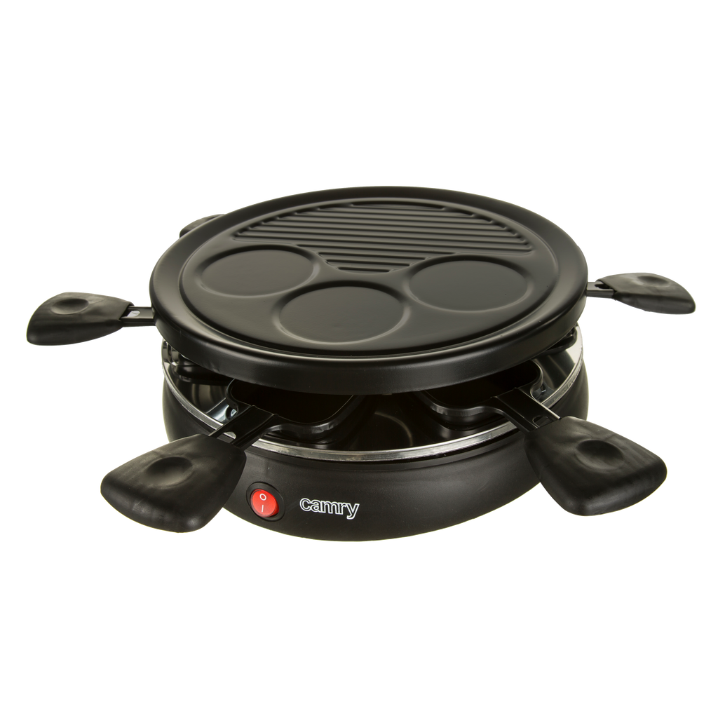 Parrilla Raclette Fabrilamp 1200W con 6 sartenes pequeñas, vista frontal.