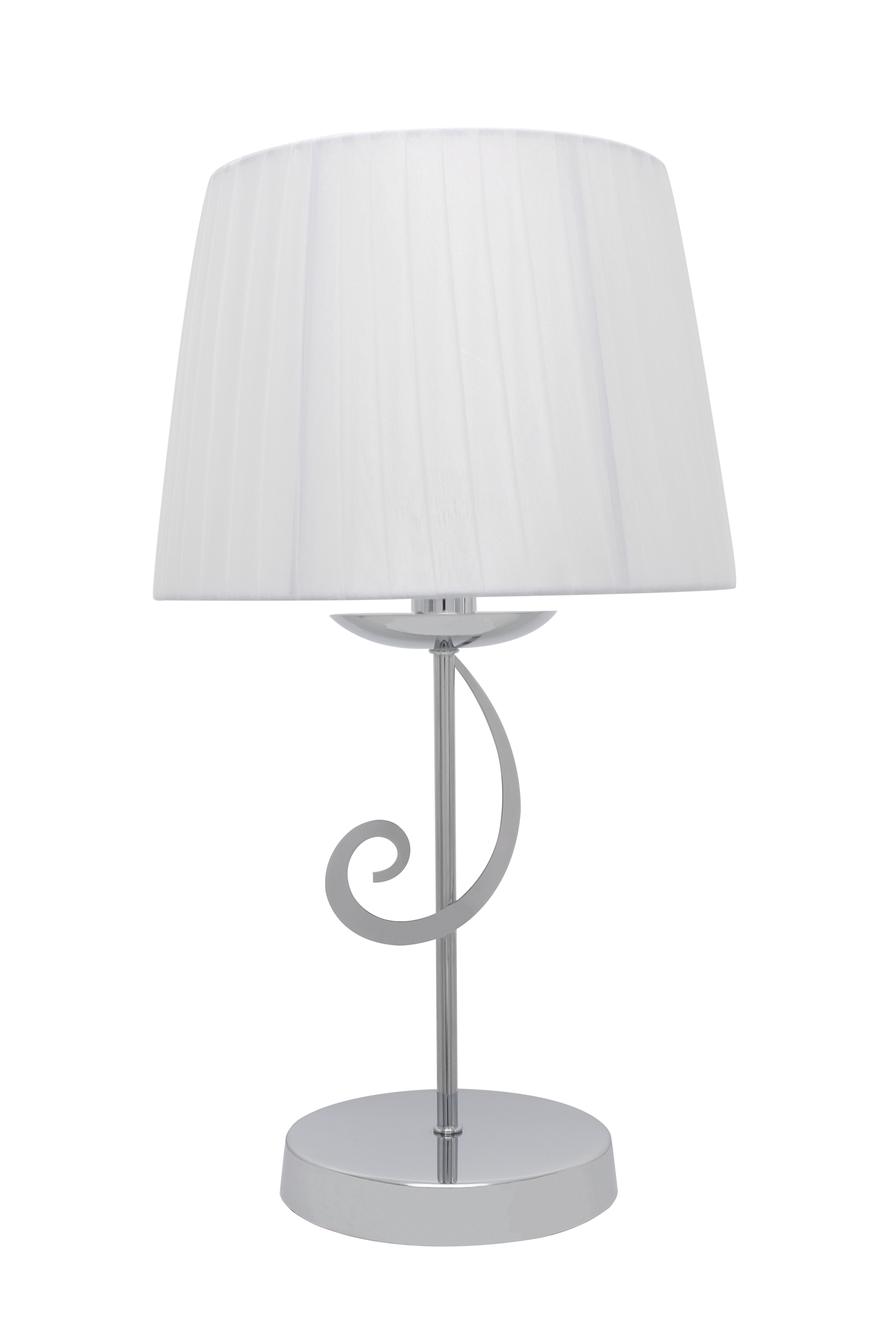 Lámpara Luxor fabricada en metal color cromo con pantalla blanca textil