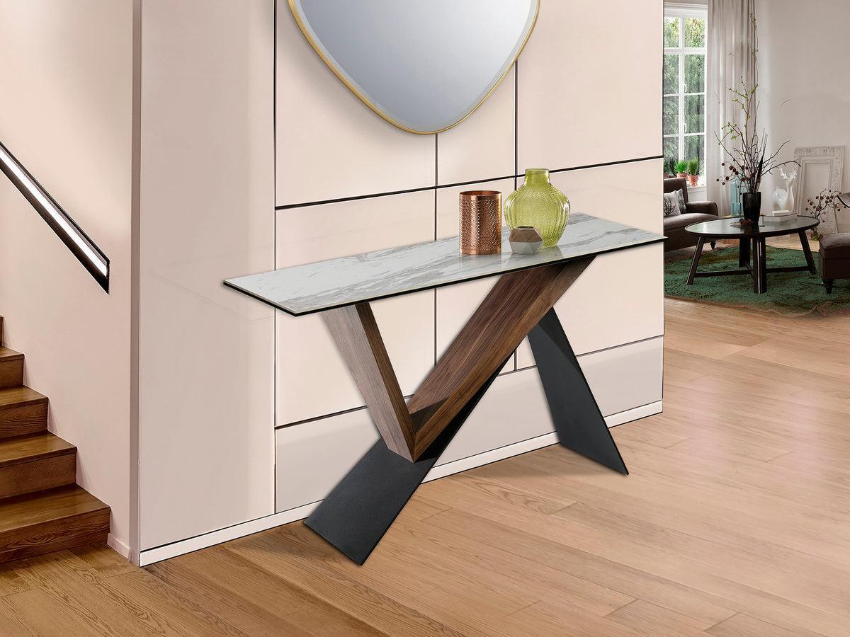Consola Noa 130 cm Metal Negro y Tapa Mármol Blanco Schuller en ambiente decorado | Schuller