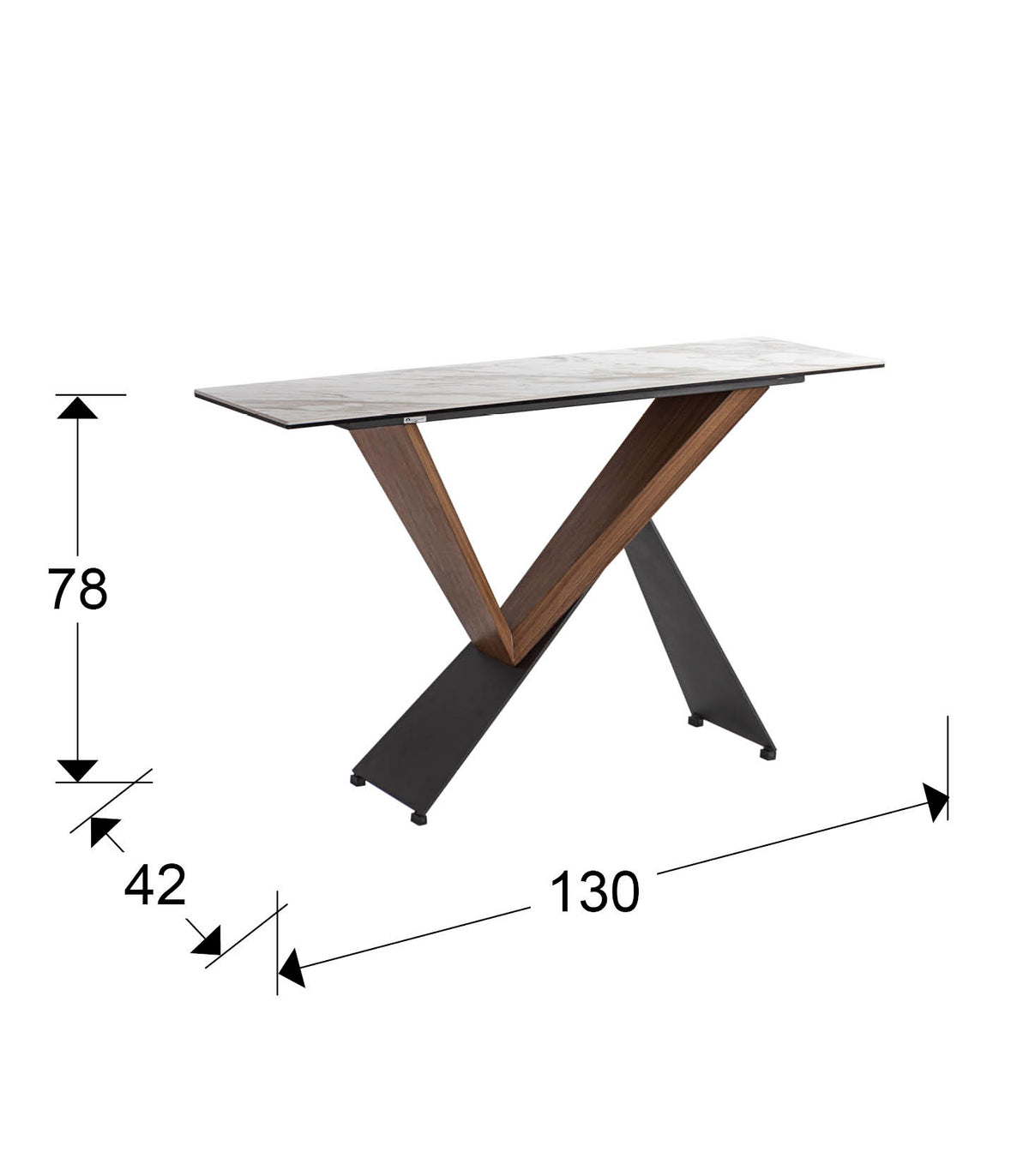 Plano con medidas de Consola Noa 130 cm Metal Negro y Tapa Mármol Blanco Schuller