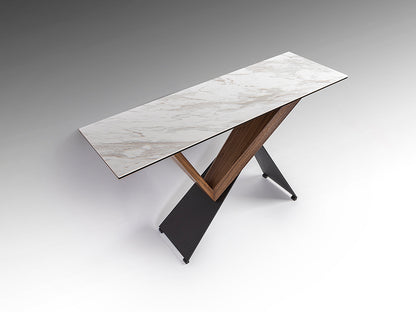 Tapadera Consola Noa de Schuller (Noa) en Nogal y metal Negro con tapa porcelánica efecto mármol blanco - Ref 742481.


