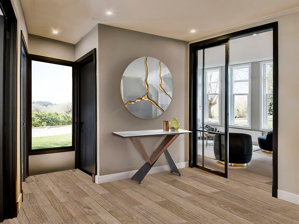 Ambiente de Consola Noa de Schuller (Noa) en Nogal y metal Negro con tapa porcelánica efecto mármol blanco - Ref 742481.

