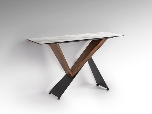 Consola Noa de Schuller (Noa) en Nogal y metal Negro con tapa porcelánica efecto mármol blanco - Ref 742481.

