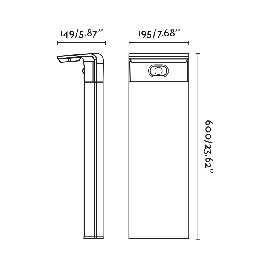 Plano con medidas de Baliza Exterior Solar Híbrida LUMA M 60 cm Gris Oscuro FARO