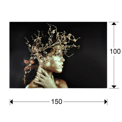 Plano con medidas de Fotografía Impresa en Cristal Templado Mujer Dorada 150x100 cm Schuller