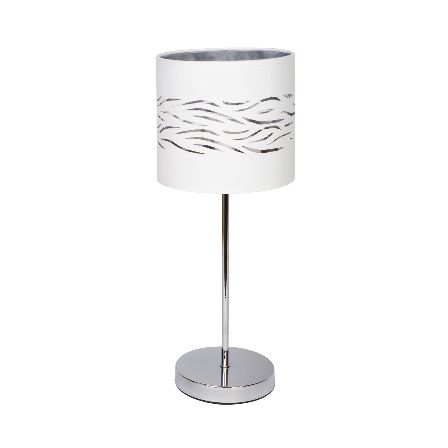 Sobremesa Niebla fabricada en metal color cromo y textil blanco plata