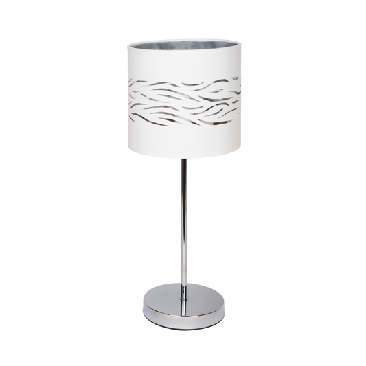 Sobremesa Niebla fabricada en metal color cromo y textil blanco plata