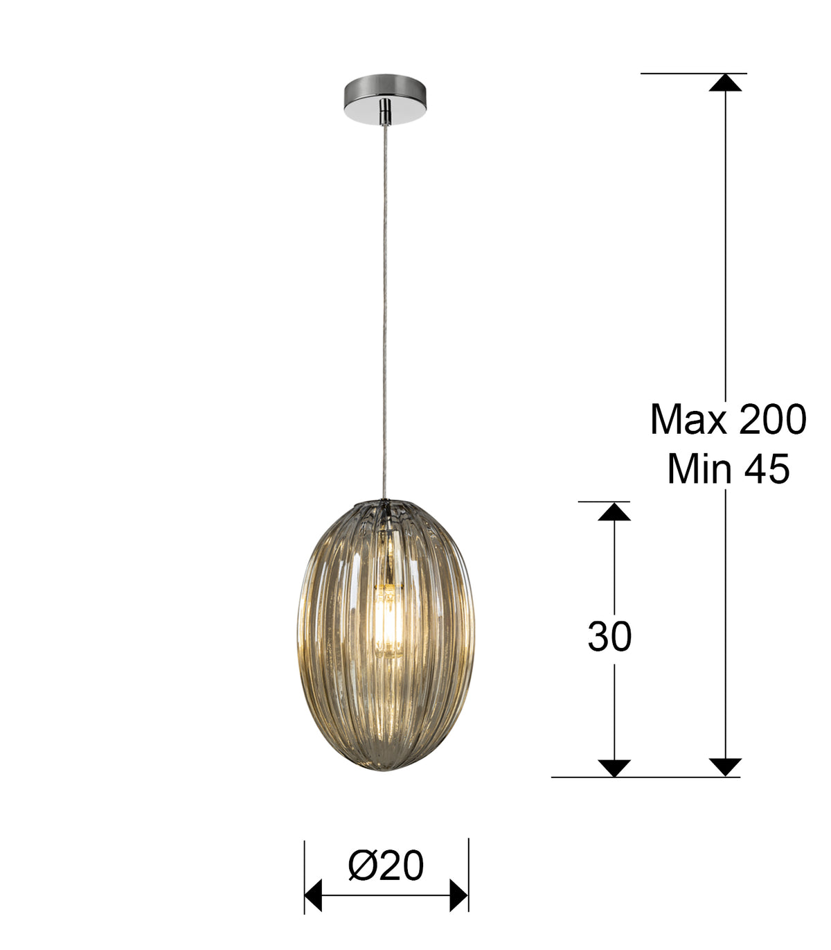 Plano con medidas de Lámpara Colgante Ovila 20 cm Cromo y Cristal Coñac Schuller · Ref. 752183