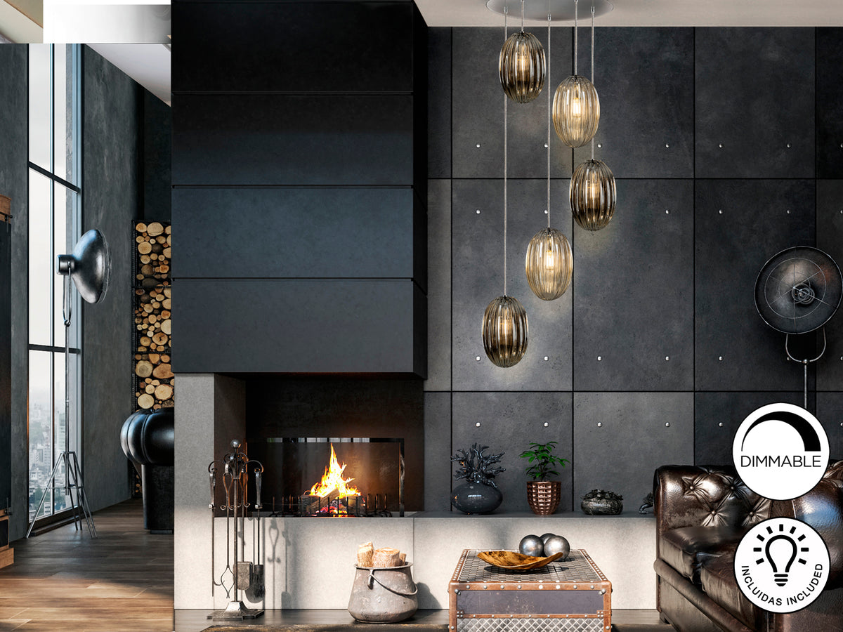 Lámpara Colgante Ovila 5 Luces Cristal Coñac y Smoke Schuller - vista principal | Schuller