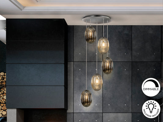 Lámpara Colgante Ovila 5 Luces Cristal Coñac y Smoke Schuller en ambiente decorado | Schuller · Ref. 752268