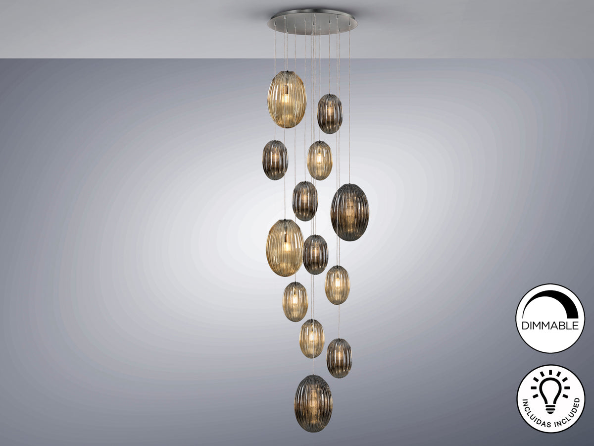 Lámpara Colgante Ovila 13 Luces Cristal Coñac y Smoke Schuller en ambiente decorado | Schuller