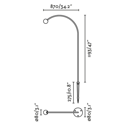 Plano con medidas de Estaca de Exterior LED CUCA 1193 Negra 24V Faro