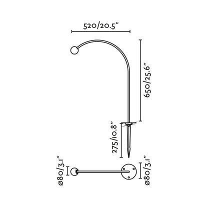 Plano con medidas de Estaca de Exterior LED CUCA 650 Negra 119 cm Faro