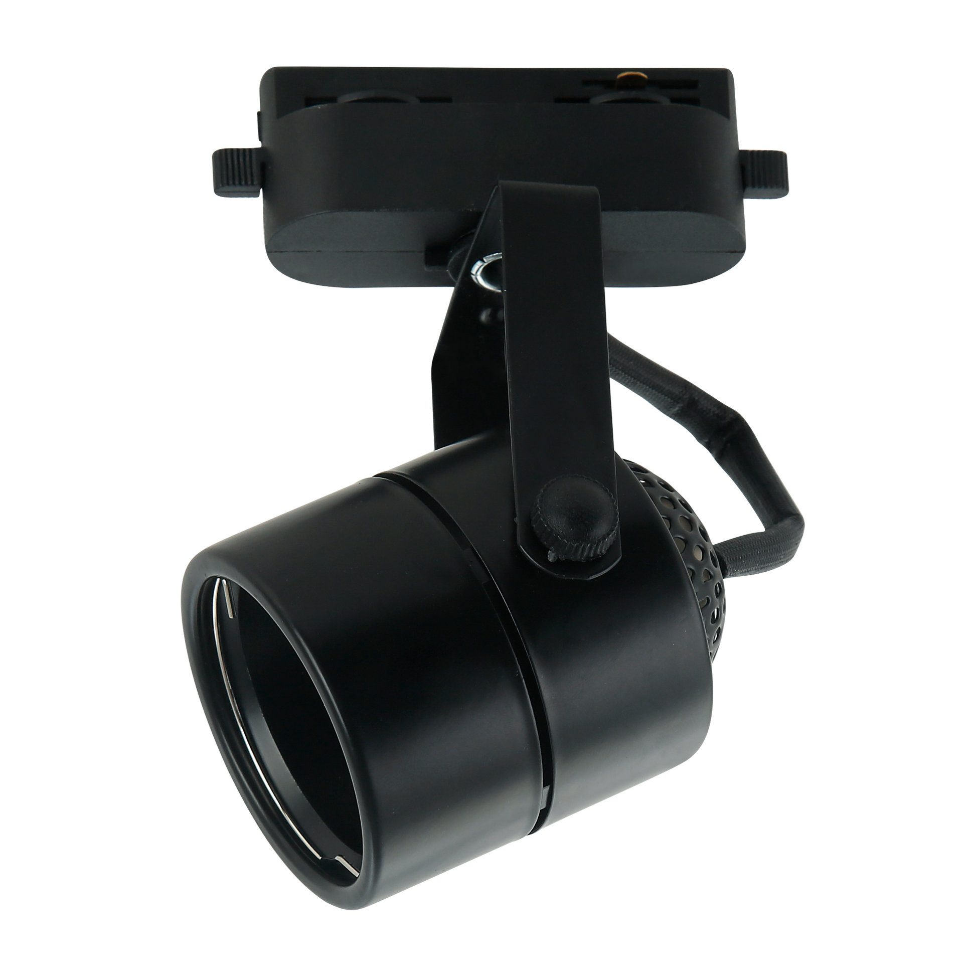 Foco Arta fabricado en aluminio color negro, orientable 180 grados para carril monofásico