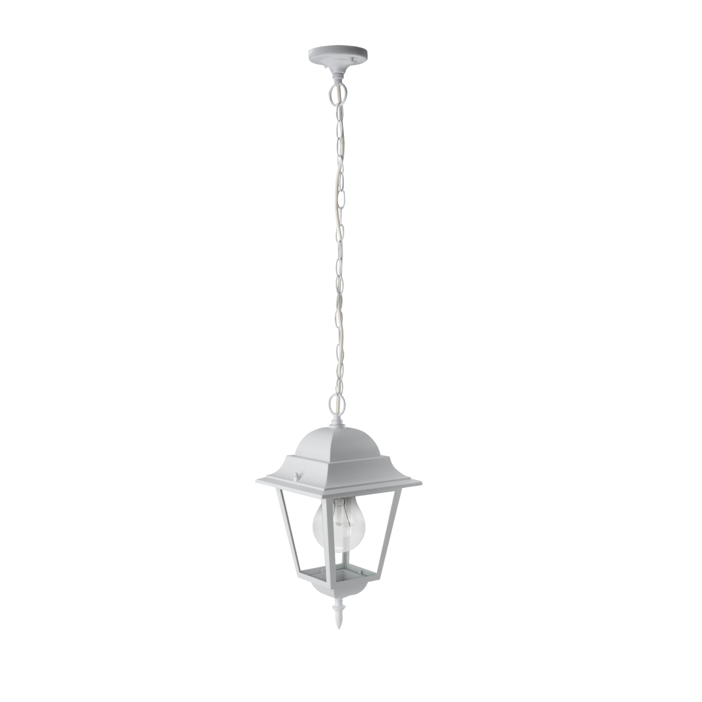 Lámpara colgante Spica fabricada en aluminio color blanco, ideal para iluminación exterior resistente.