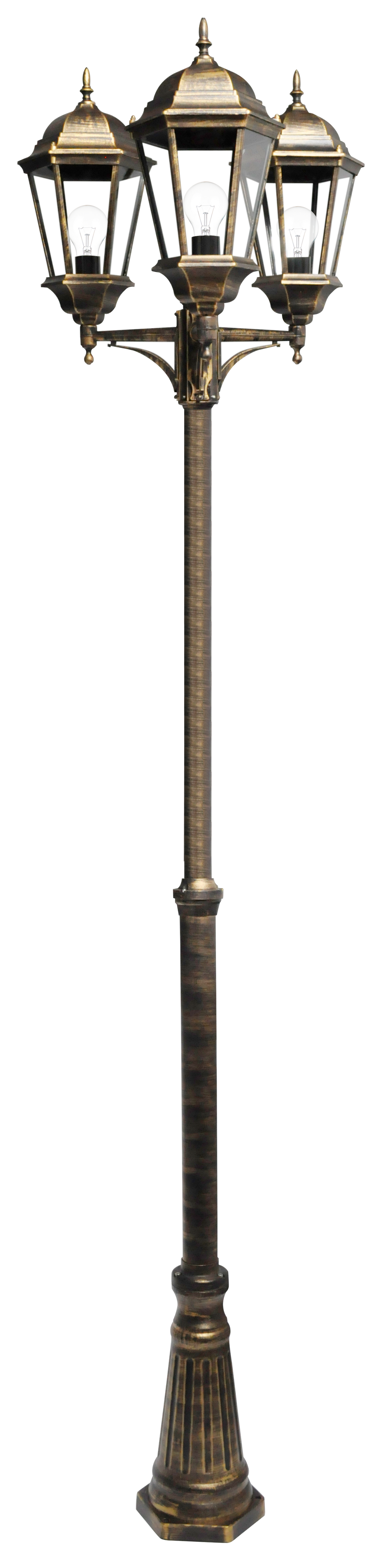 Farola exterior de aluminio Regulus, negra y dorada, con tres portalámparas E27, ideal para iluminar exteriores.