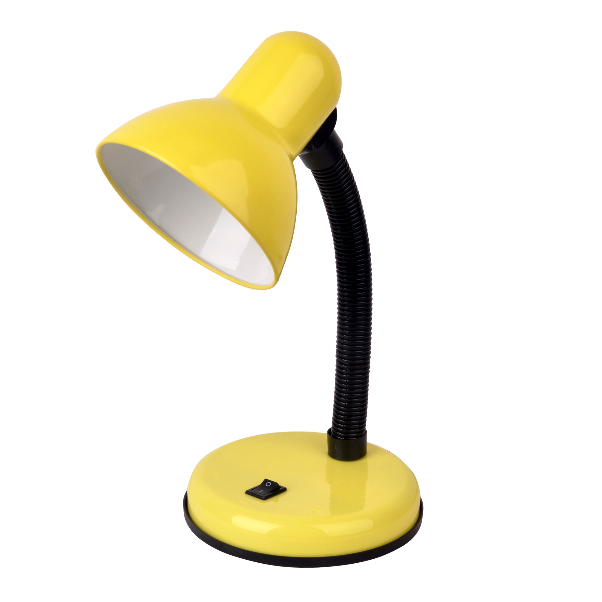 Flexo Yodo Amarillo E27 de Fabrilamp, vista frontal. Iluminación ideal para escritorio.