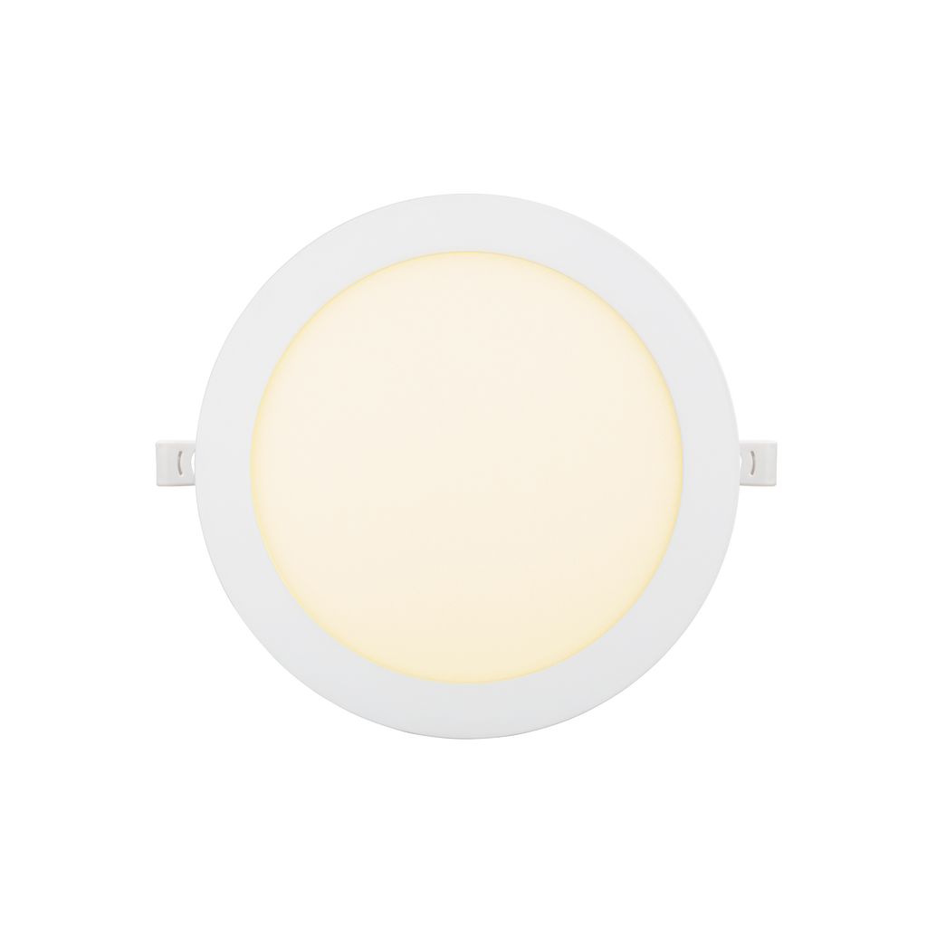 Downlight Obsidiana 18w 3000k Blanco Redondo, vista frontal. Iluminación cálida y eficiente para tu hogar.