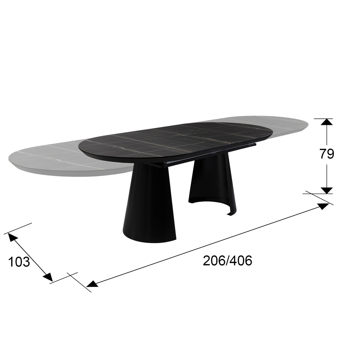 Plano con medidas de Mesa de Comedor Extensible Capri 206 cm Mármol Negro Schuller · Ref. 768638