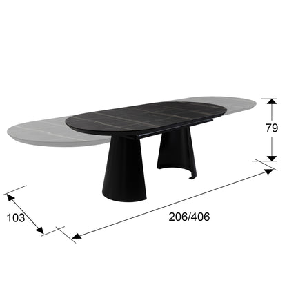 Plano con medidas de Mesa de Comedor Extensible Capri 206 cm Mármol Negro Schuller · Ref. 768638