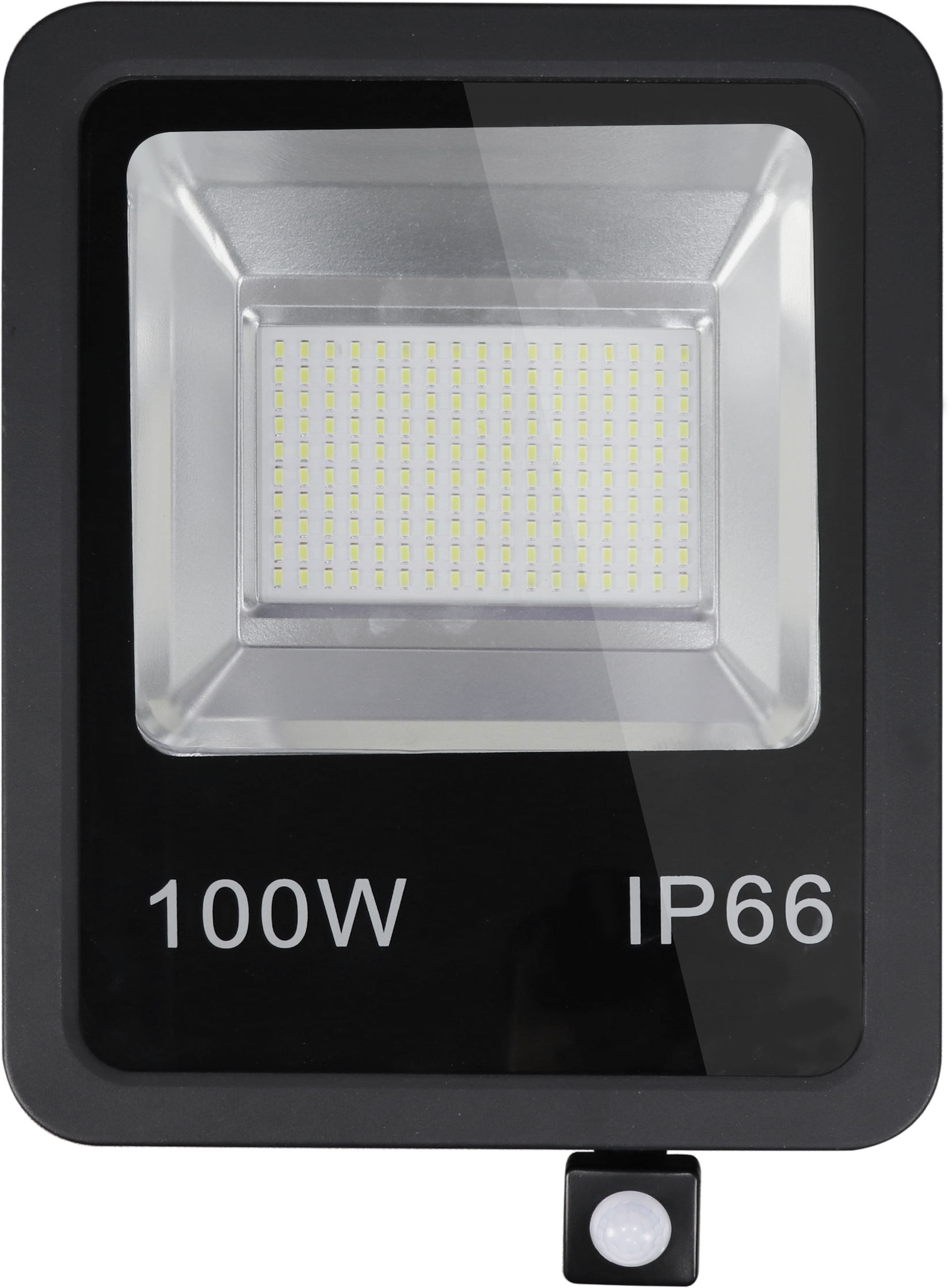 Proyector LED con sensor Olivino 100W 6500k negro de Fabrilamp, 9000 lúmenes, IP66.  Ideal para exteriores.