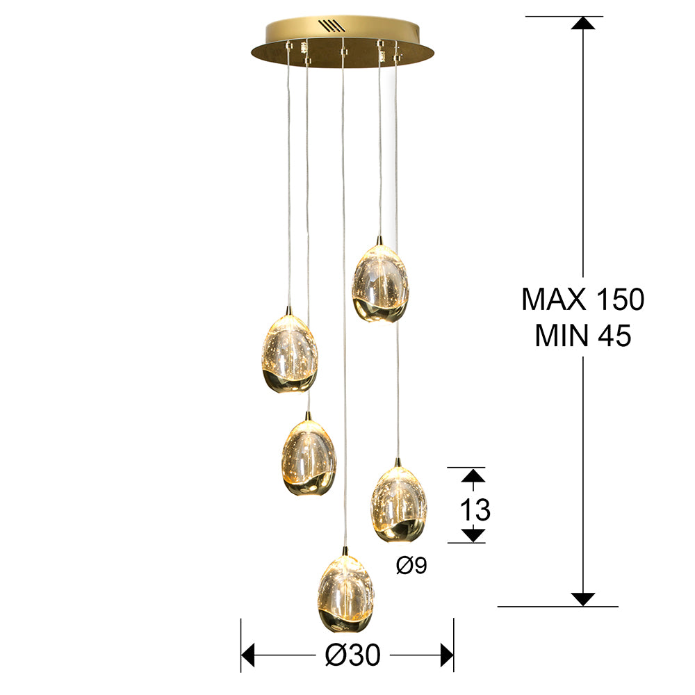 Plano con medidas de Lámpara Colgante LED Rocío 5 Luces Dorada y Champán Schuller