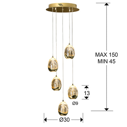 Plano con medidas de Lámpara Colgante LED Rocío 5 Luces Dorada y Champán Schuller