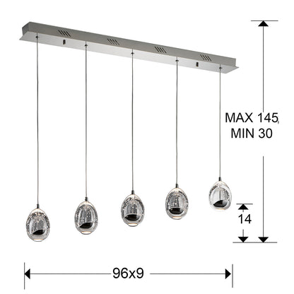 Plano con medidas de Lámpara Colgante LED Rocío 5 Luces 25W Dimable Cromo Schuller