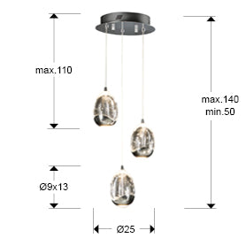 Plano con medidas de Lámpara Colgante Rocío 3L LED 15W Cromo y Cristal Schuller
