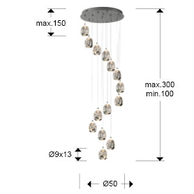 Plano con medidas de Lámpara Colgante Rocío 14 Luces LED 70W Cromo Schuller