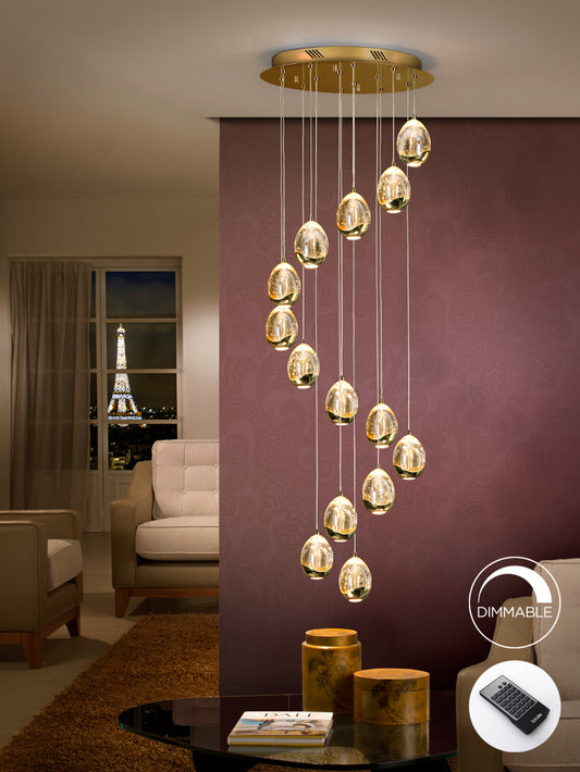 Lámpara de Techo Cascada Rocío de Schuller (Rocío) en color Dorado y Cristal Champán con 14 luces en espiral - Ref 785648D.

