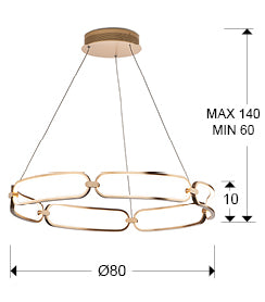 Plano con medidas de Lámpara Colgante LED Colette 80 cm Oro Rosa Dimable Schuller