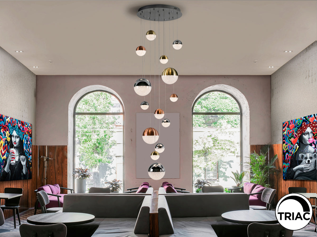 Lámpara Colgante LED Sphere 14 Luces 78W Dimable Cromo Schuller en ambiente decorado | Schuller
