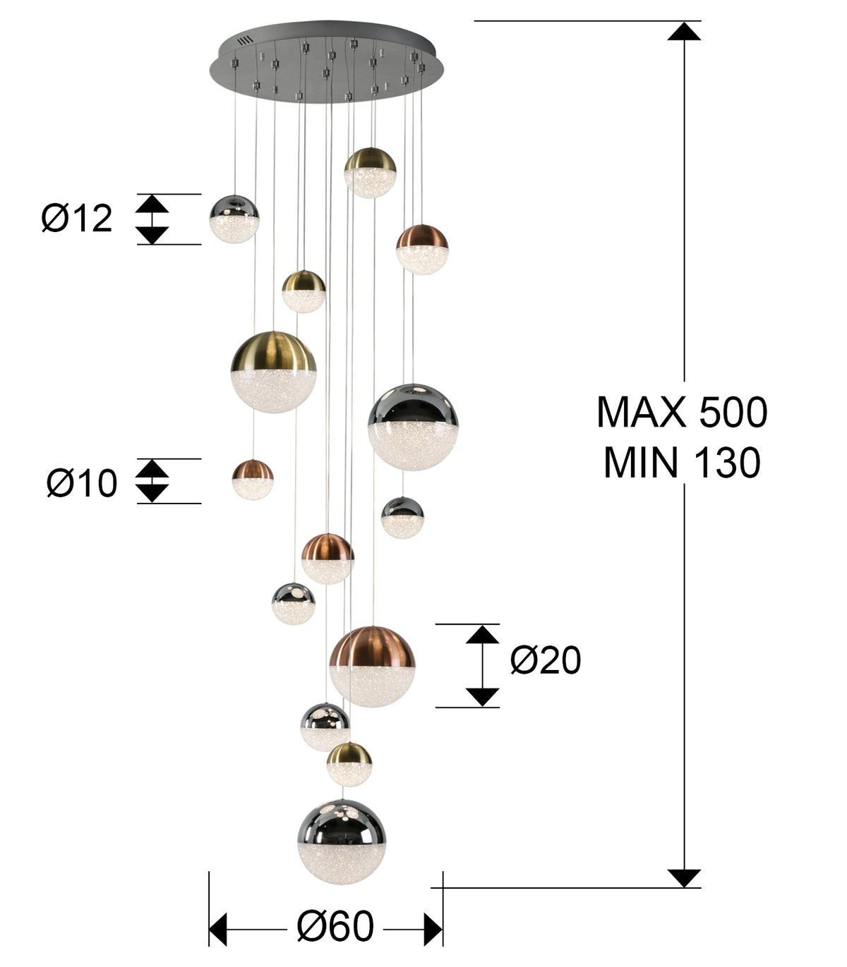 Plano con medidas de Lámpara Colgante LED Sphere 14 Luces 78W Dimable Cromo Schuller